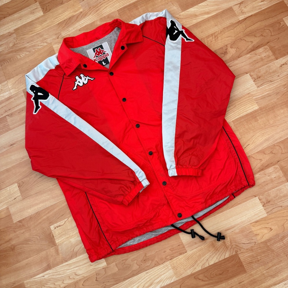 Kappa Mens Red White Omini Logo Tape Snap Front Windbreaker Coach Jacket Large